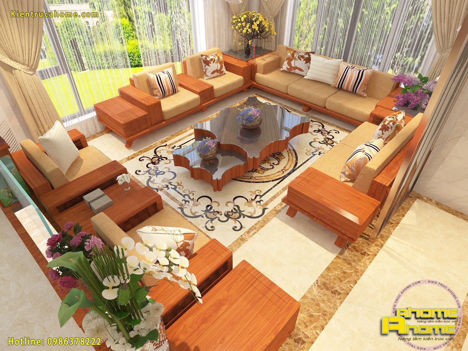 Nội thất phòng khách biệt thự 2 tầng đẹp sang trọng rộng rãi
